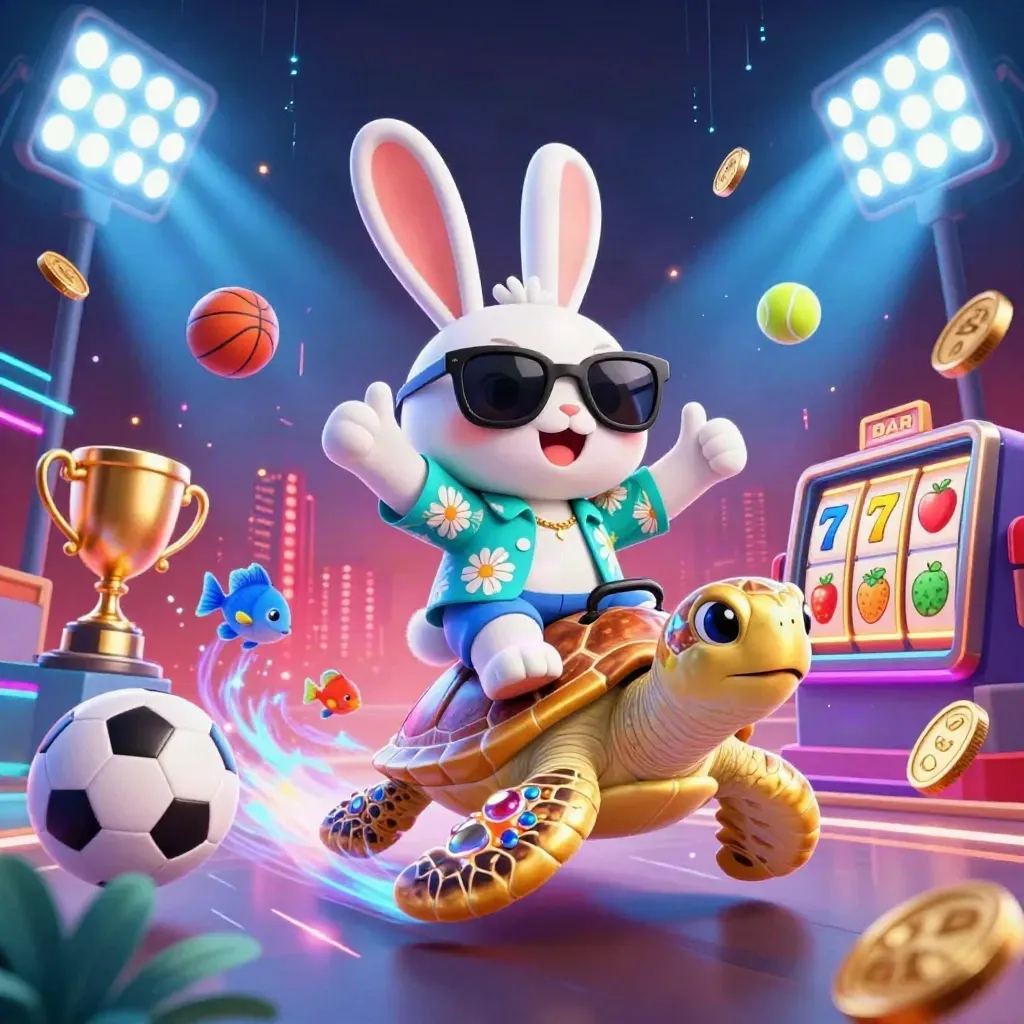 Lucky rabbit rides a golden sea turtle through neon casino chaos with coins, balls and glowing effects.