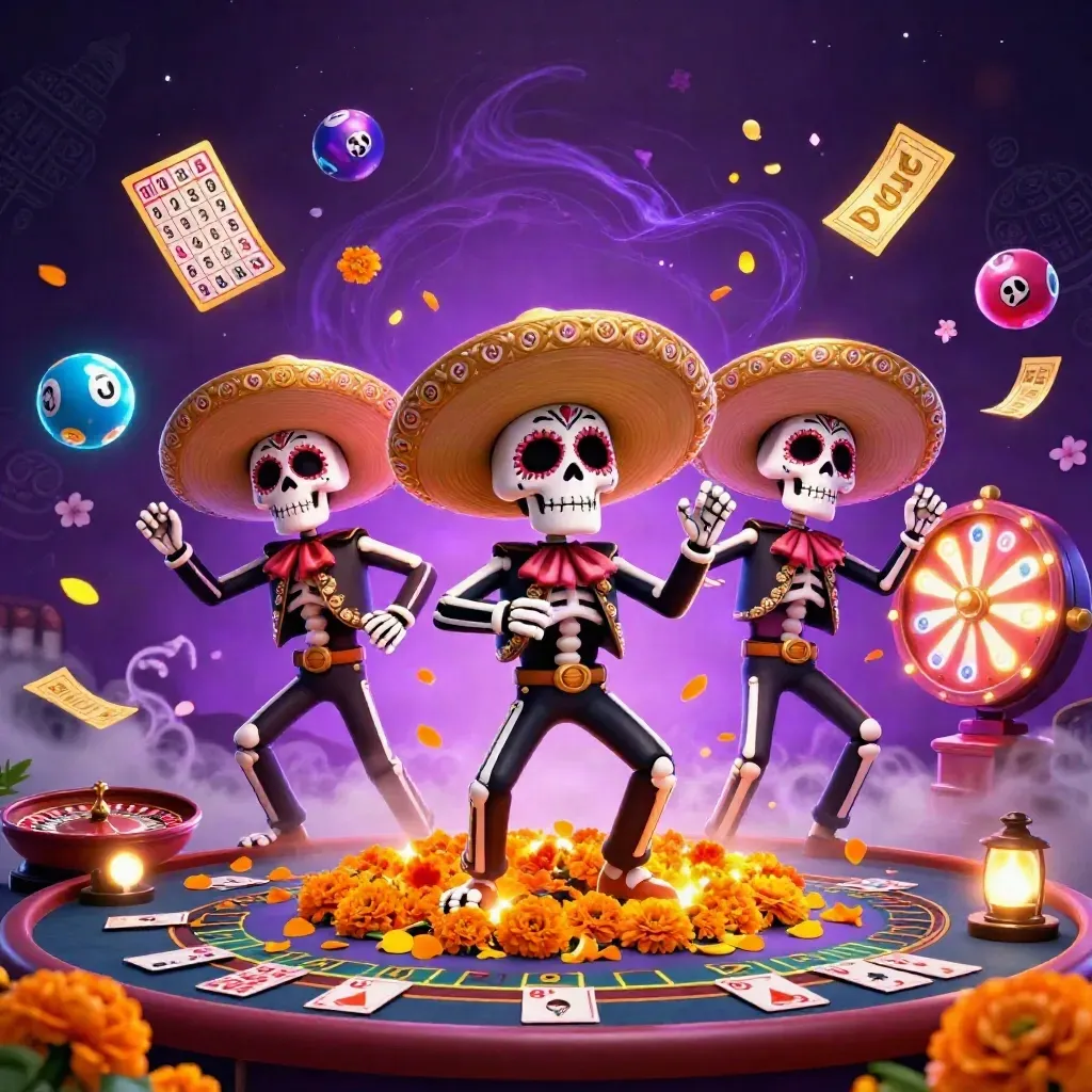 Skeleton mariachi trio in neon casino chaos with wheels, balls, petals, and glowing runes