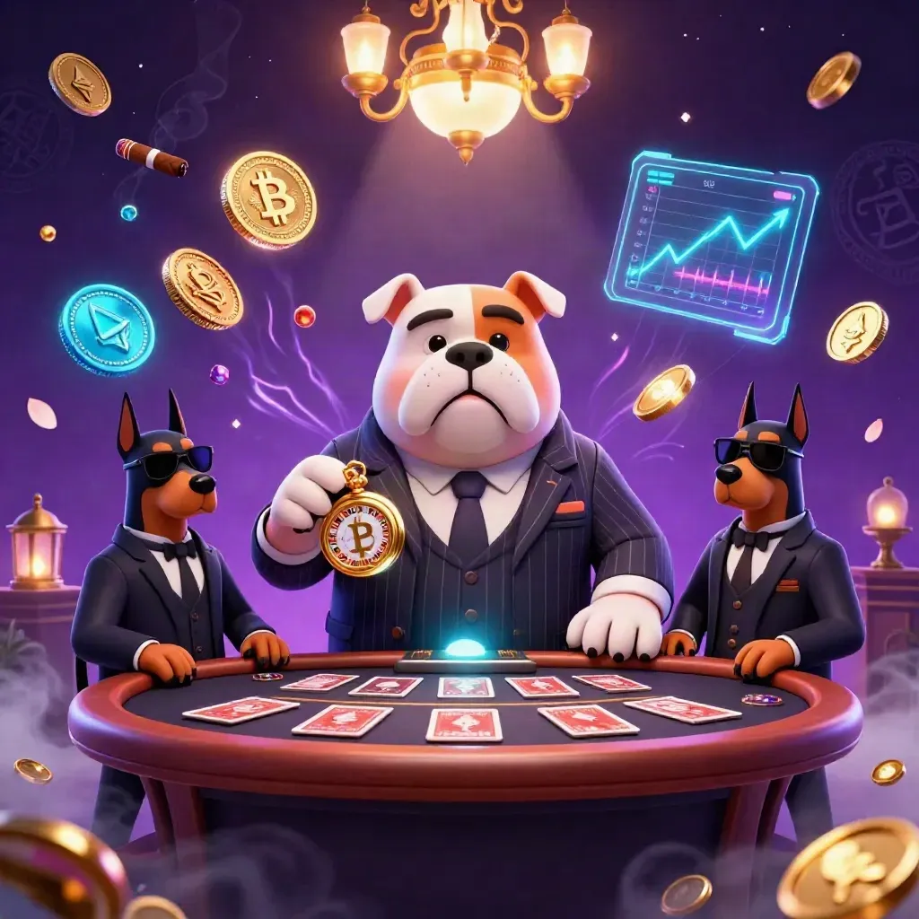 Cartoon bulldog mob boss with Dobermans in a neon casino room of gold, gems and crypto glow.