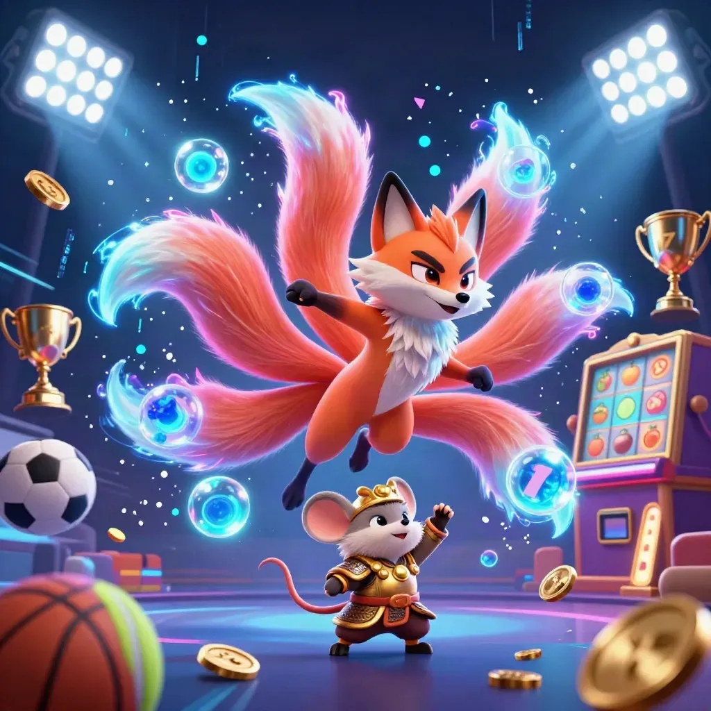 Neon nine-tailed fox spirit and gold-armored mouse amid flying sports balls and coins.