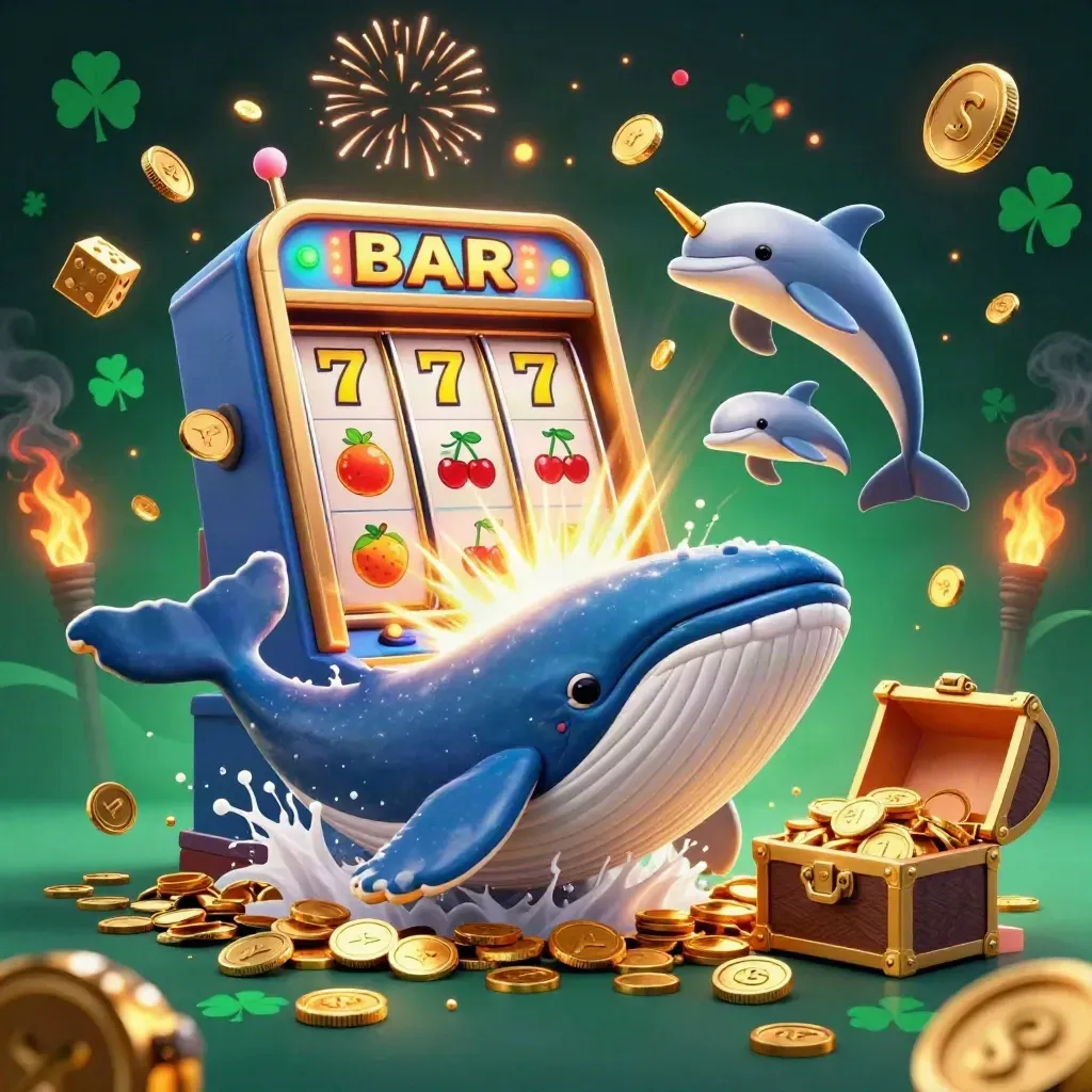 Whale captain, narwhal, and dolphins burst through coins around a glowing slot machine.