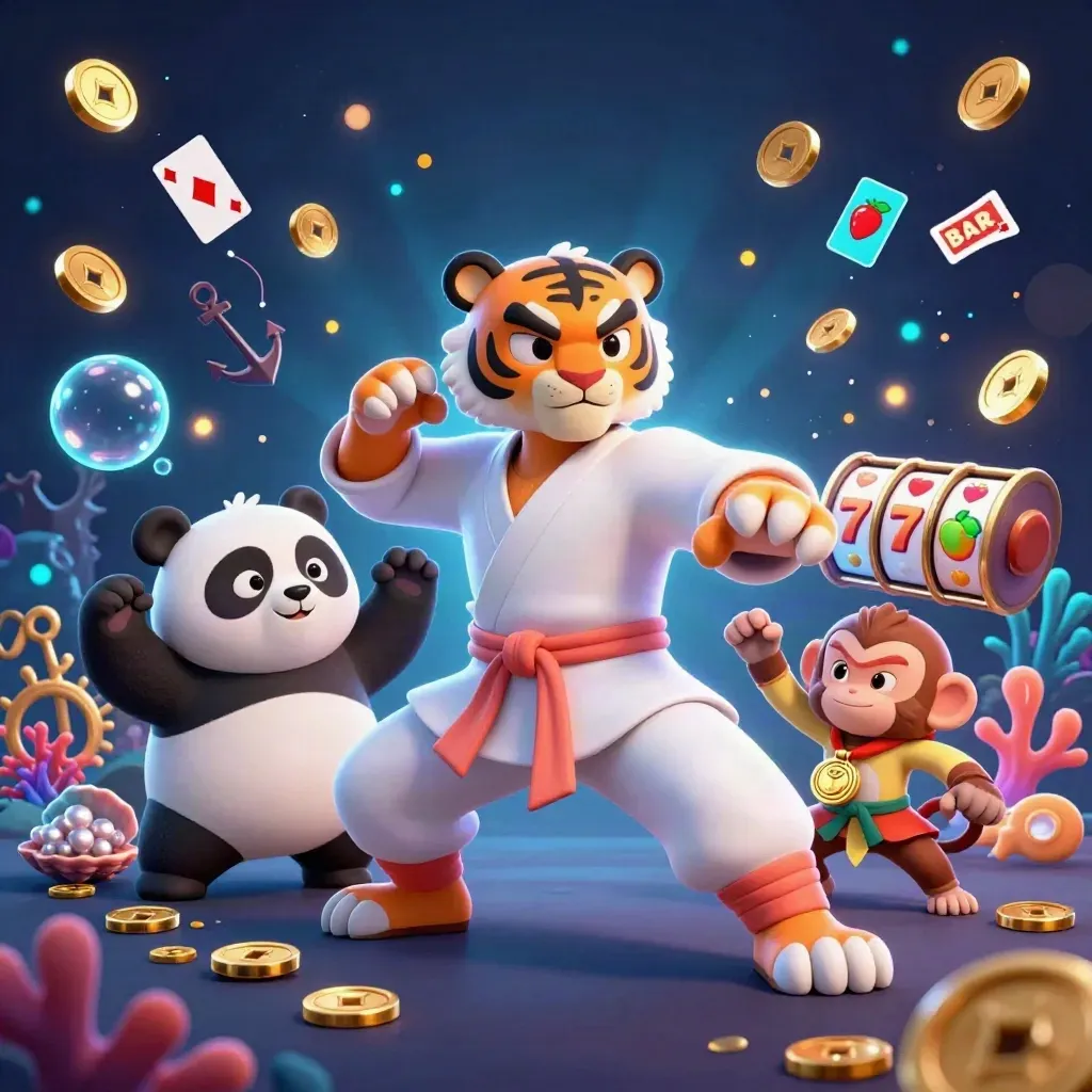 Kung-fu tiger, panda, and monkey in a glowing treasure cove with casino symbols.