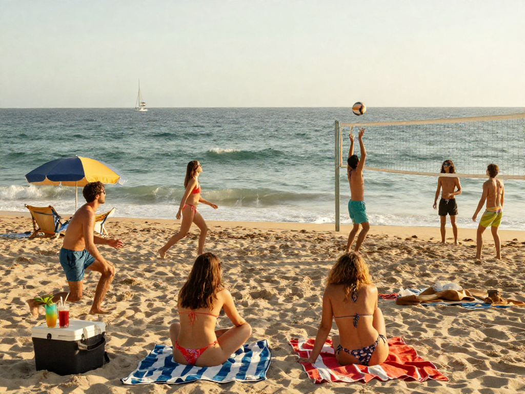 Group of friends in bikinis enjoying a sunny beach day at BIKINISLOT, capturing summer fun and vibrant beach culture.